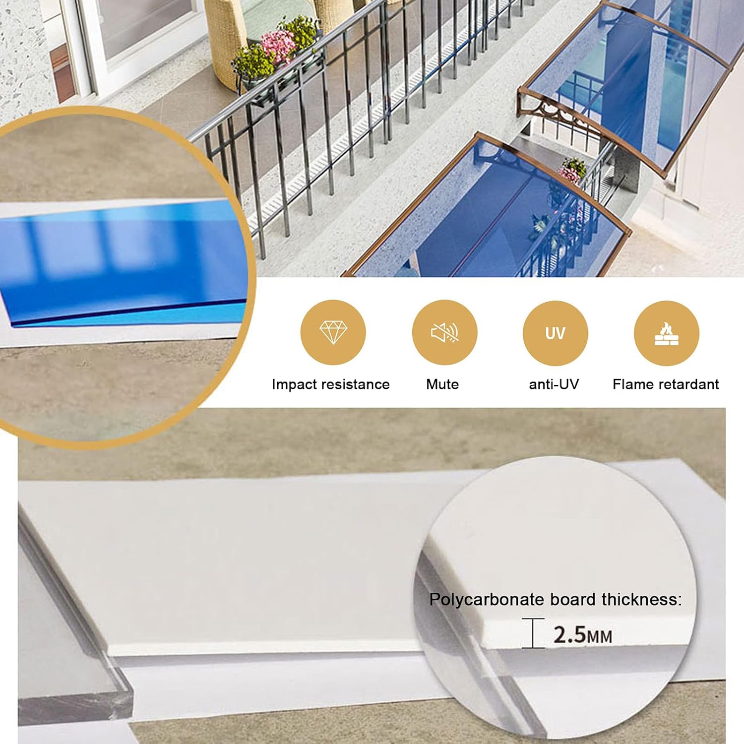 Modern Lake Blue Front Door Canopy Awning/Champagne Aluminum Bracket,Curved Door Window Awning,60/100/190/230/290/450cm,Garden Balcony Eaves Silent Roofing Rain Shelter (60x90cm/24 x35)