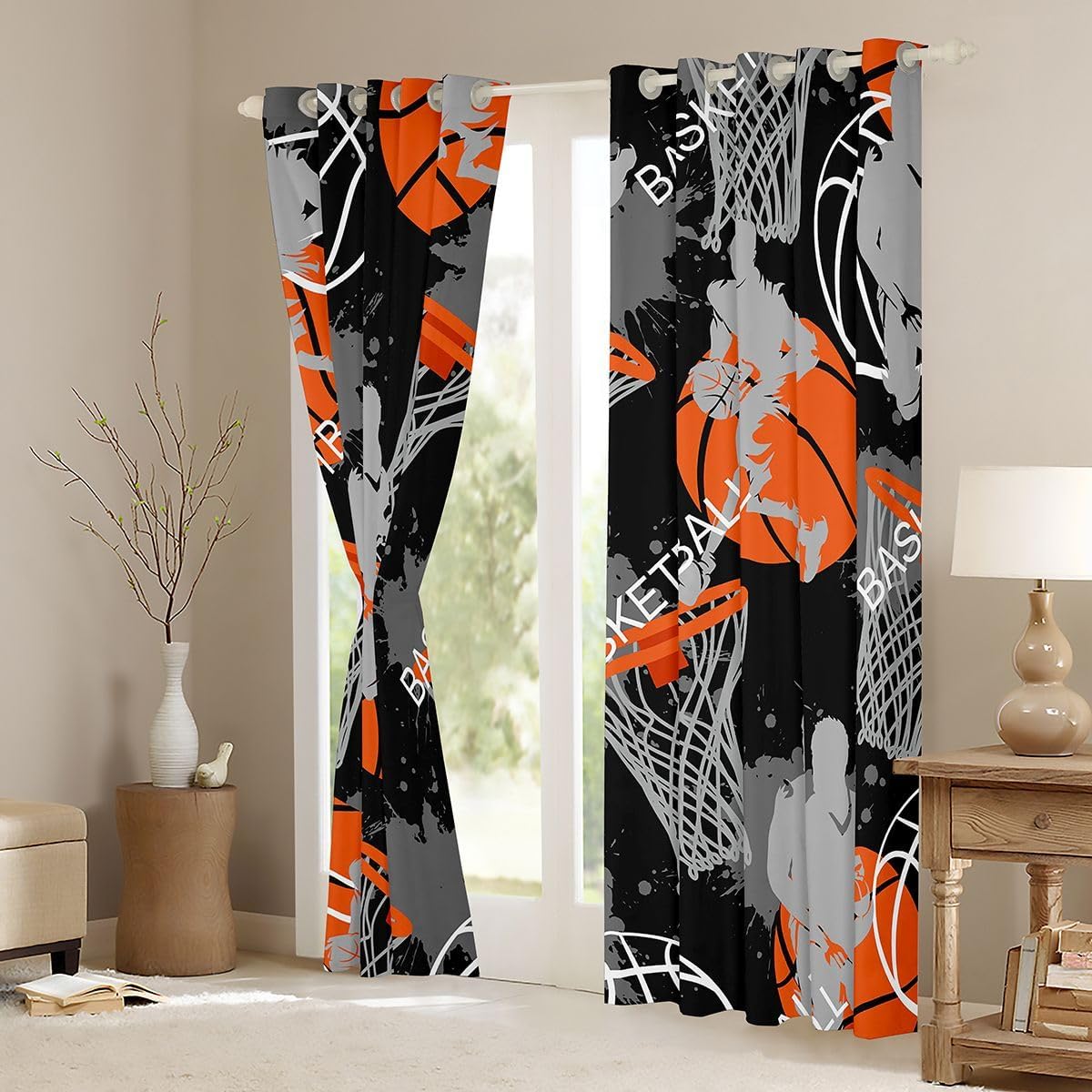 Erosebridal Basketball Curtains for Teen Boys Room Decor, Ball Sports Window Curtains 2 Panel Sets 38x45 Inch,Basketball Playing Game Cool Art Printed Window Treatments Drapes for Living Room