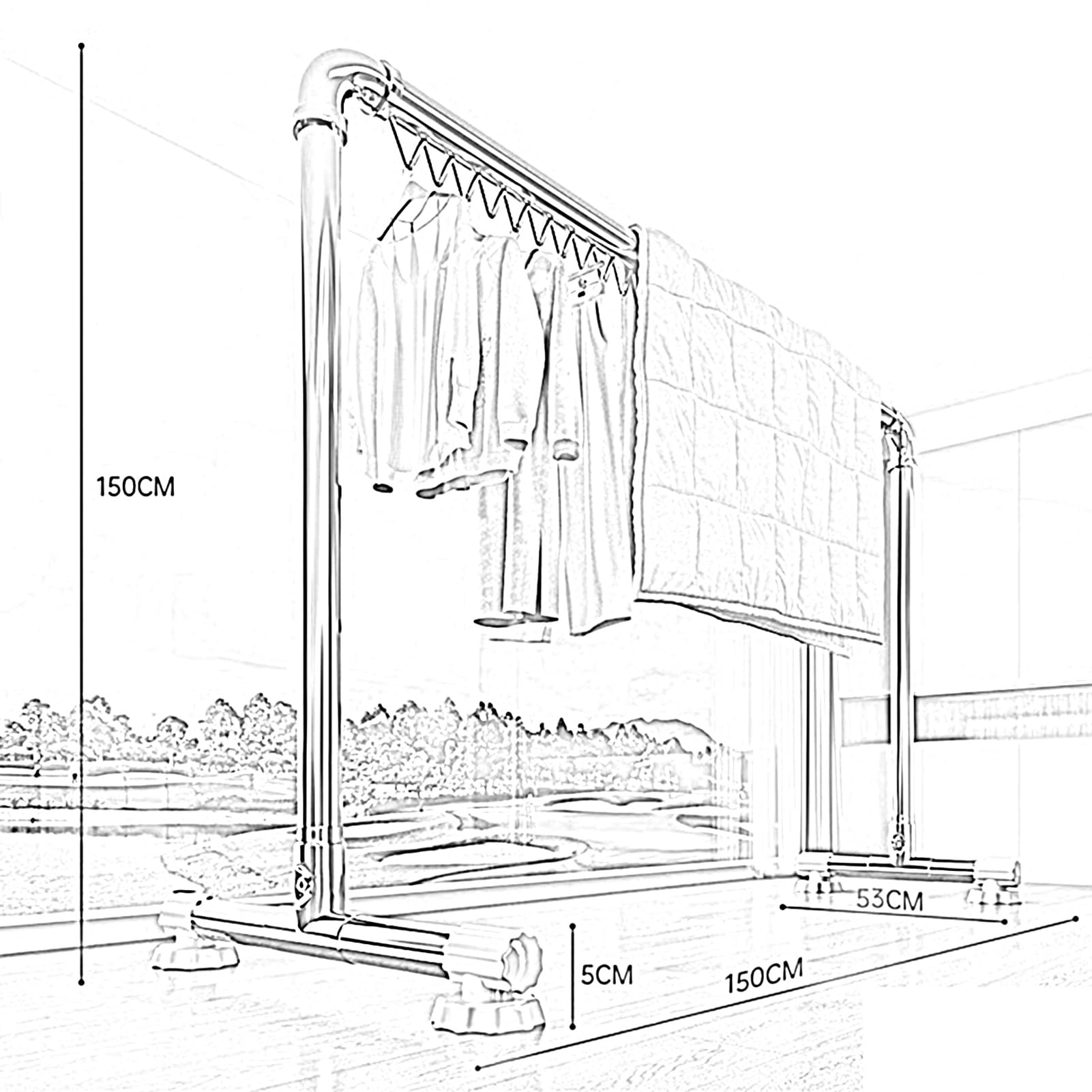 Tendedero resistente con ganchos resistentes al viento, ajustable, para uso en interiores y exteriores, perfecto para colgar ropa, mantas, sábanas y toallas (150 x 53 x 150 cm)
