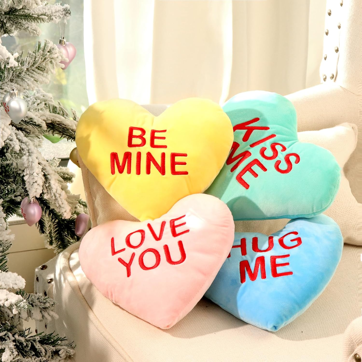 Valentines Day Decor, 4pcs Love Heart Shaped Pillows, 8"x9" Candy Heart Stuffed Plush Valentines Day Decorations, Throw Pillows for Valentines Gifts, Bedroom, Sofa, Holiday Pillows