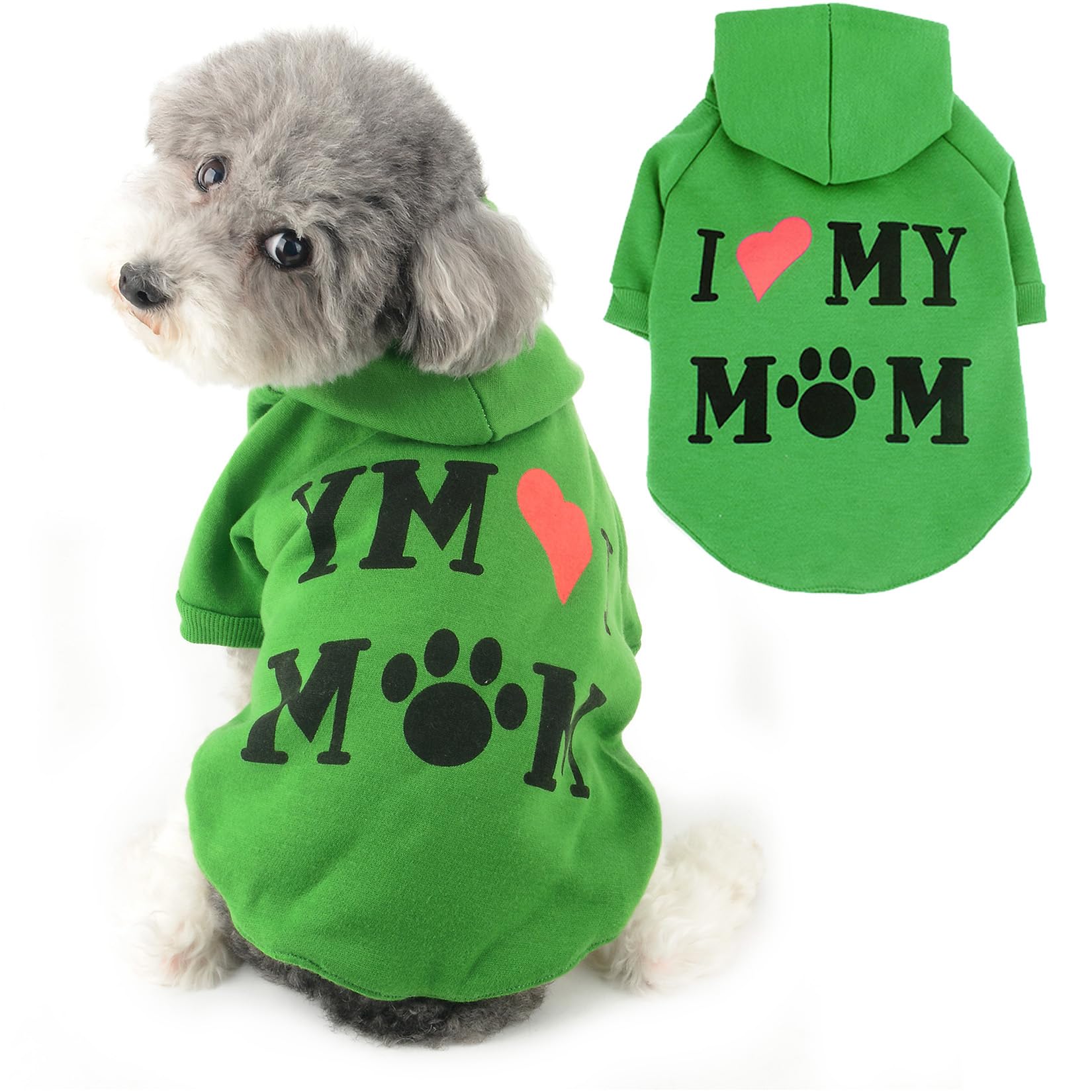 Ranphy Dog Hoodies for Small Dog Girls Boy Pet Jumper with Letter "I Love My Mom" Puppy Sweatshirt Hooded with Leash Hole Autumn Spring Pullover Mother Day Thanksgiving Day Cat Sweater, Green, XS