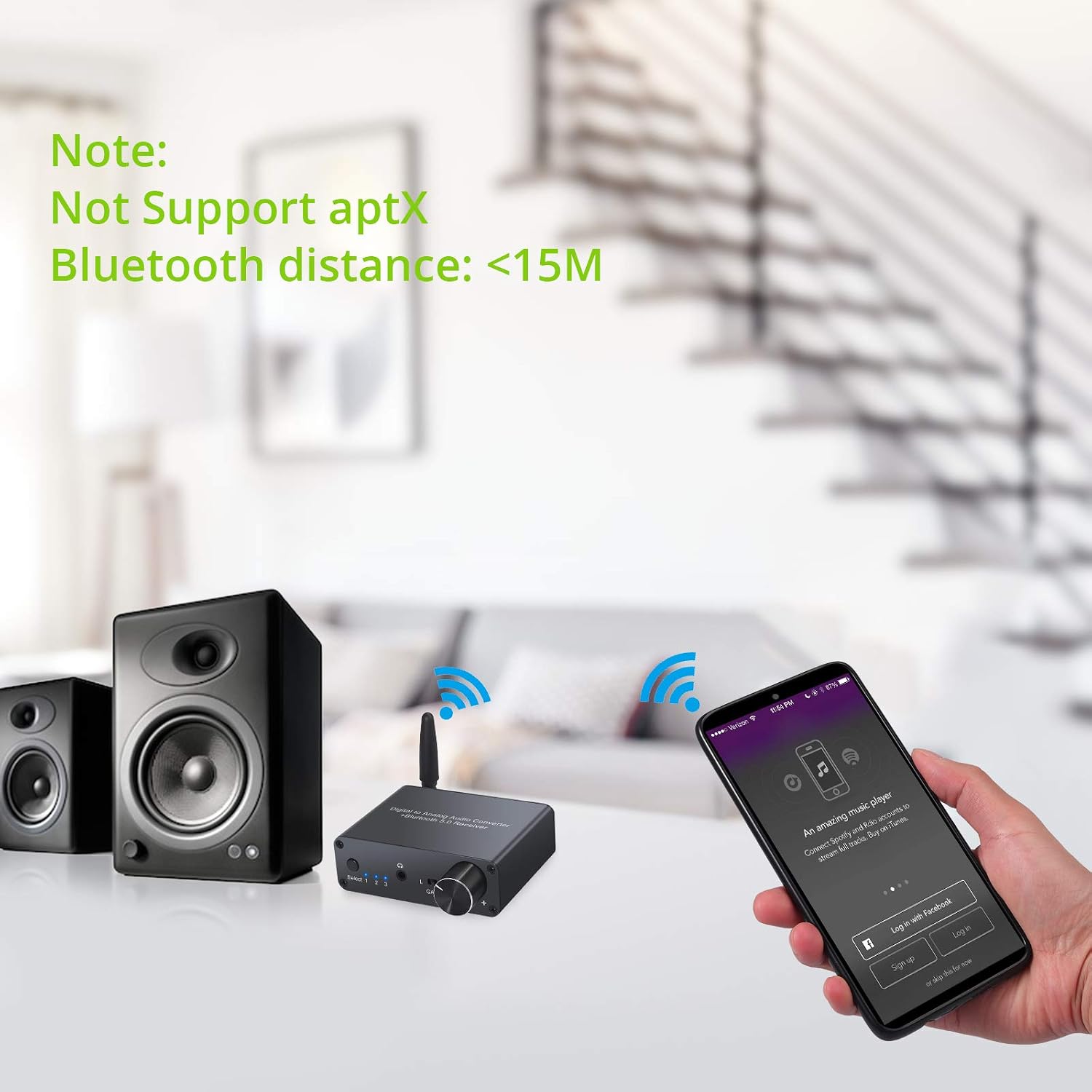 Image showing the LiNKFOR DAC converter with speakers and a smartphone, highlighting a note about Bluetooth distance and lack of aptX support.