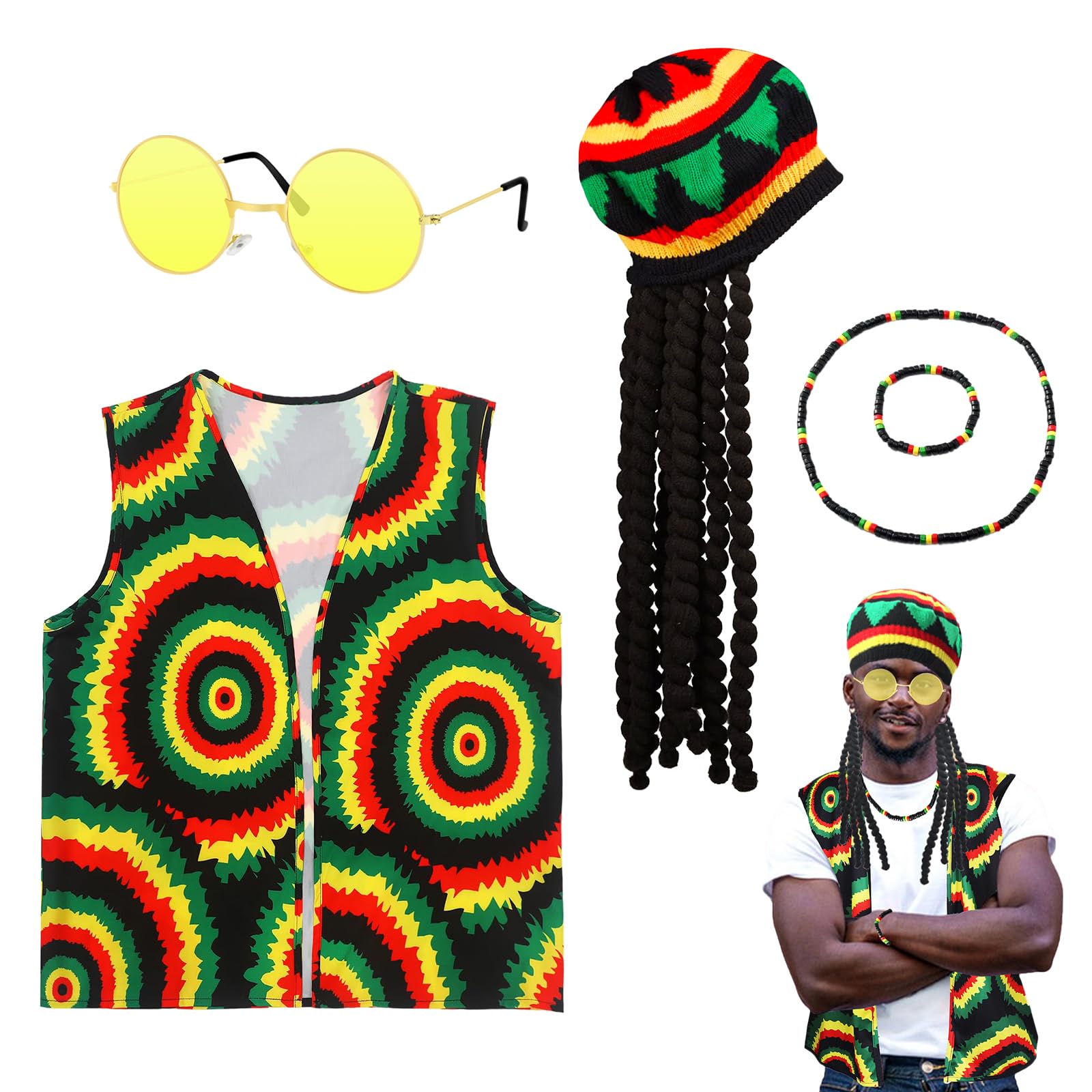 Costume Accessories Set Rasta 5 Pieces with Cap Wig Jamaica Reggae Batik T-Shirt Sunglasses Necklace Braided Bracelet