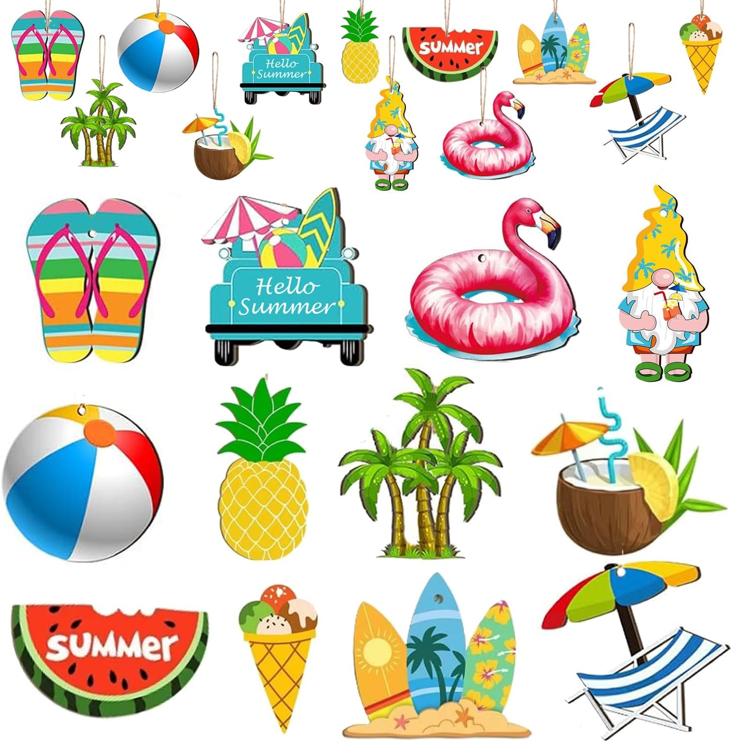 Summer Ornaments for Tree Wood Both-Sided Printing, 24 Pcs Christmas Tree Decorations Hanging Ornaments for Holiday Home Indoor Outdoor Decorations