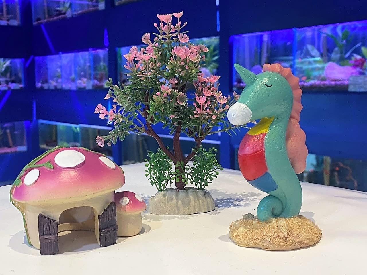 Pink Colourful Aquarium Ornaments Set Unicorn Seahorse, Toadstool