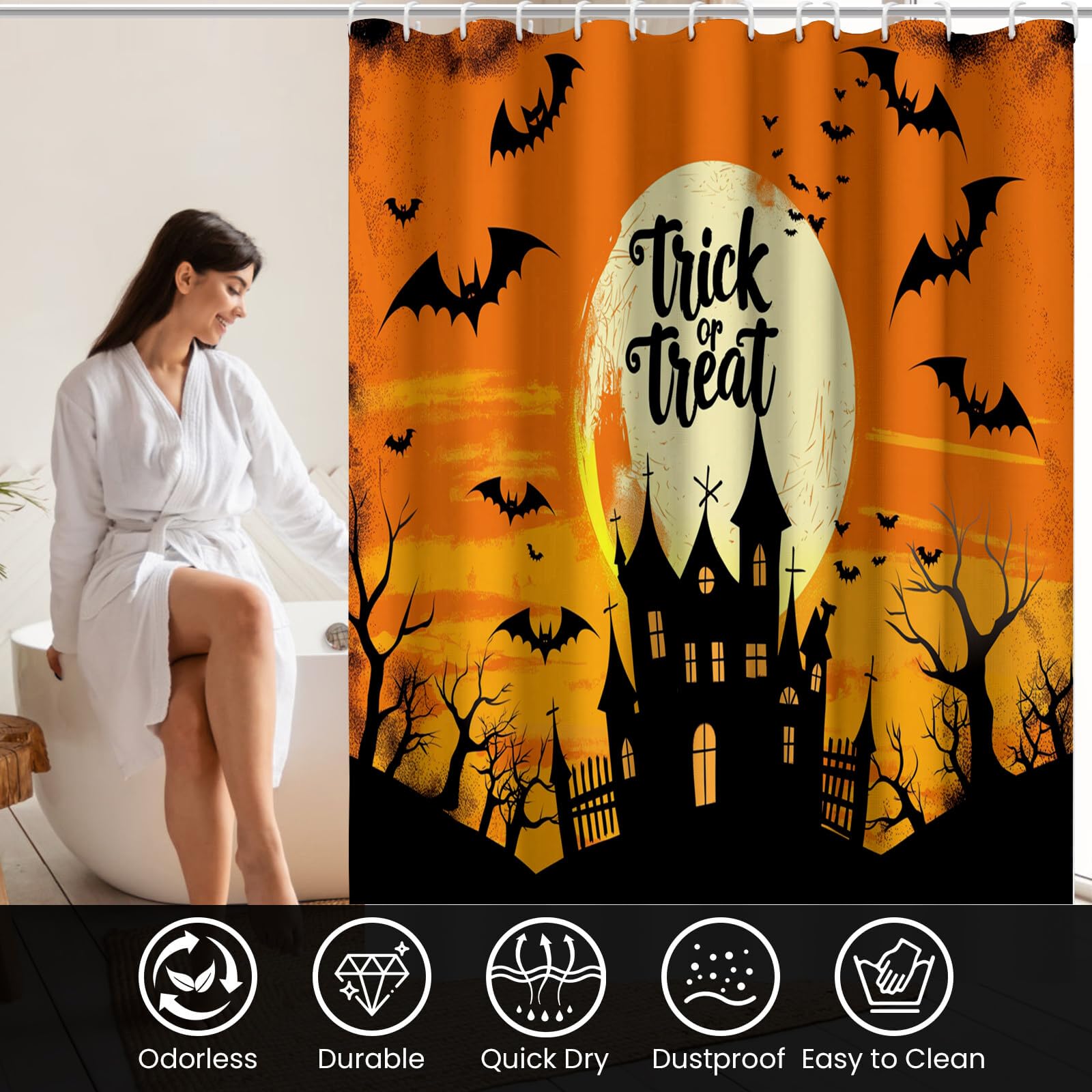 Duschvorhang Halloween Fledermausburg Cartoon-Illustrationen Duschvorhänge H240Xb200Cm | Anti-Schimmel Wasserdicht Polyester Stoff Waschbar Bad Vorhäng Für Badzimmer Mit Haken