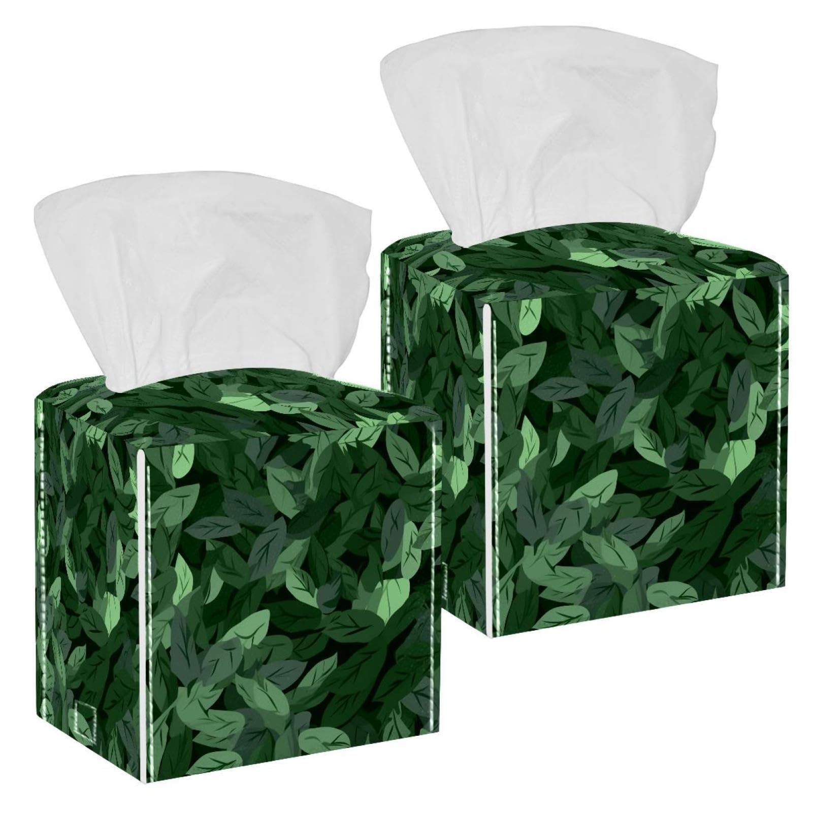 Artistic Leaves Tissue Box Cover, 2 Pack PU Leather Square Facial Tissue Dispenser Box holder for Home Office Car