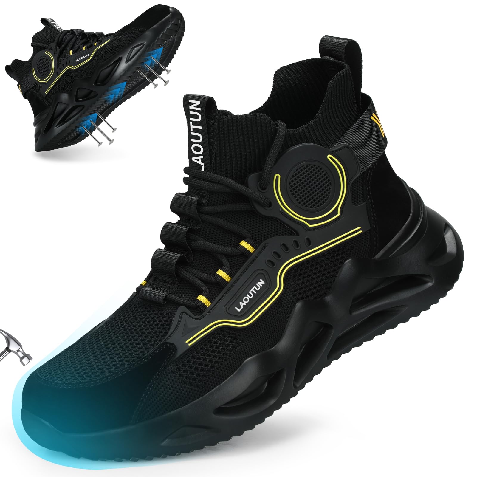 LAoutun Scarpe da ginnastica di sicurezza da uomo e da donna, con puntale in acciaio, traspiranti, leggere, da lavoro, da costruzione, industriali, con puntale in acciaio