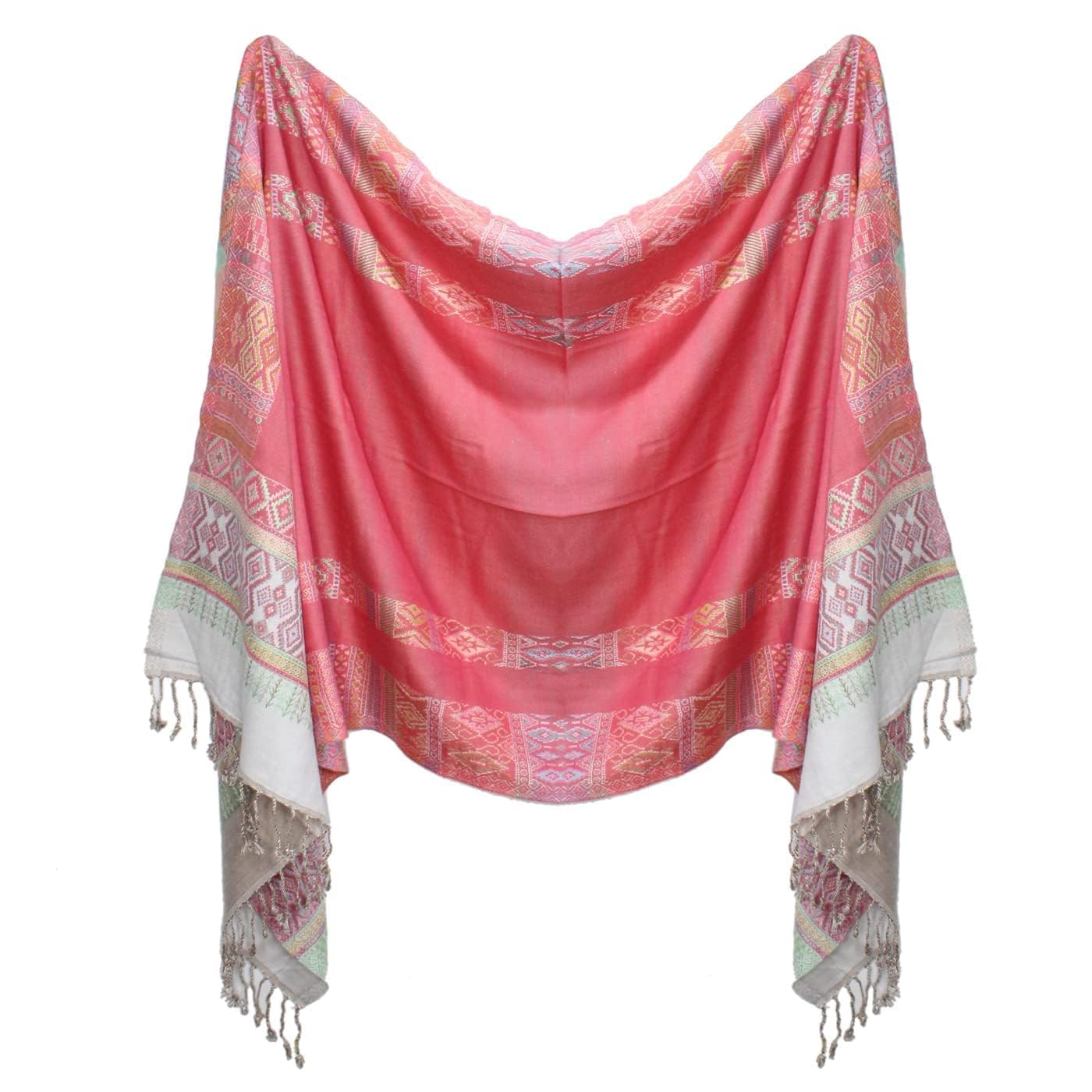 Women's Soft Pashmina Shawl Warm Wrap Scarf with Traditional Woven Border and Tassels | Lightweight Winter Stole for Party, Wedding, Office and Travel Use Pink-image-43