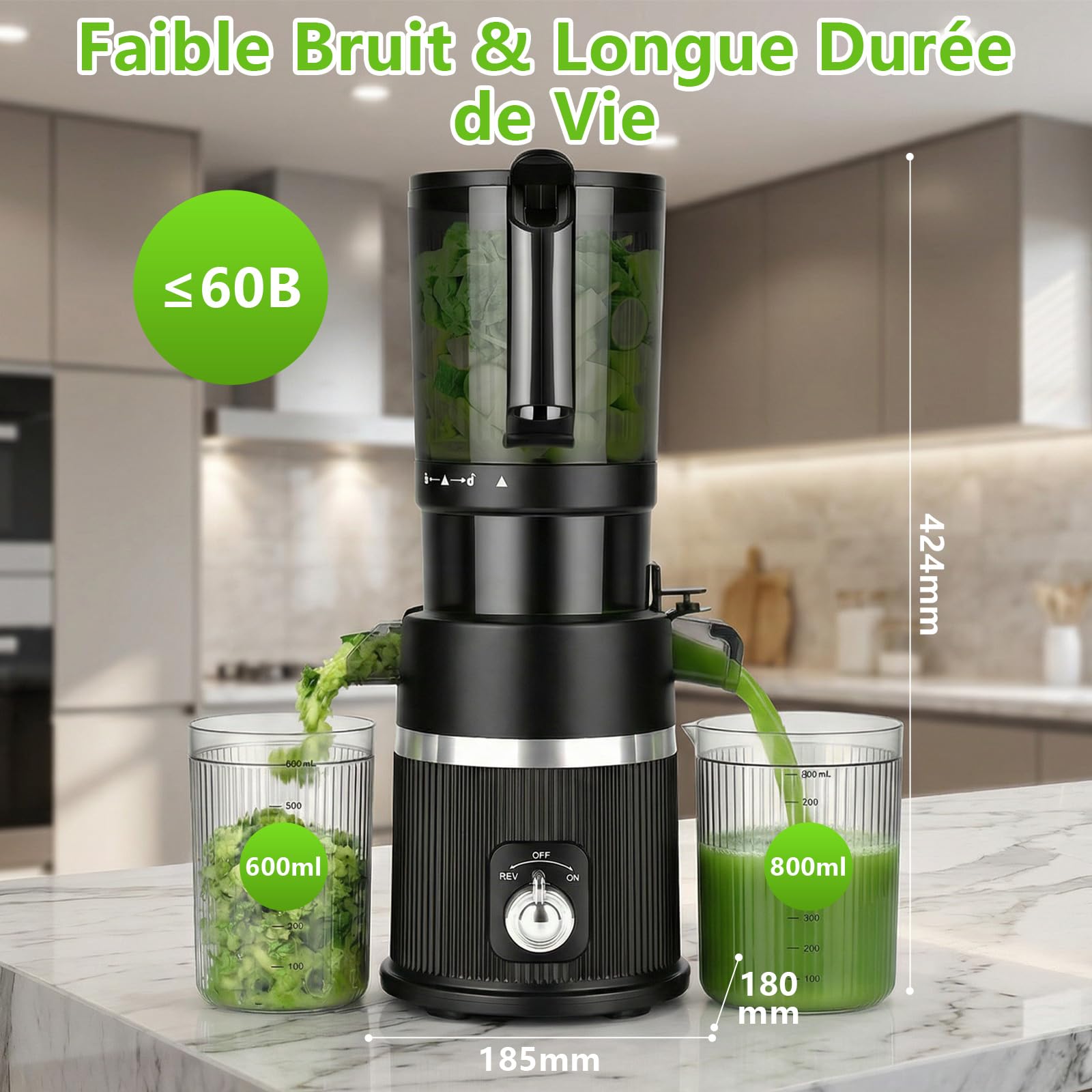 Extracteur de jus 200W, Slow Juicer 112mm, 1.7L, 2 récipients, Sans BPA, Noir
