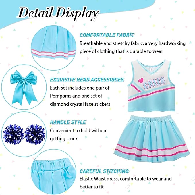 XFOZDM Cheerleader-kostuum voor kinderen, cheerleaderkostuum, jurk voor meisjes, cheeruniform met pompons en hoofdtooi, cheerleader-outfit voor kinderen, voor carnaval, Halloween, carnaval, blauw, 170
