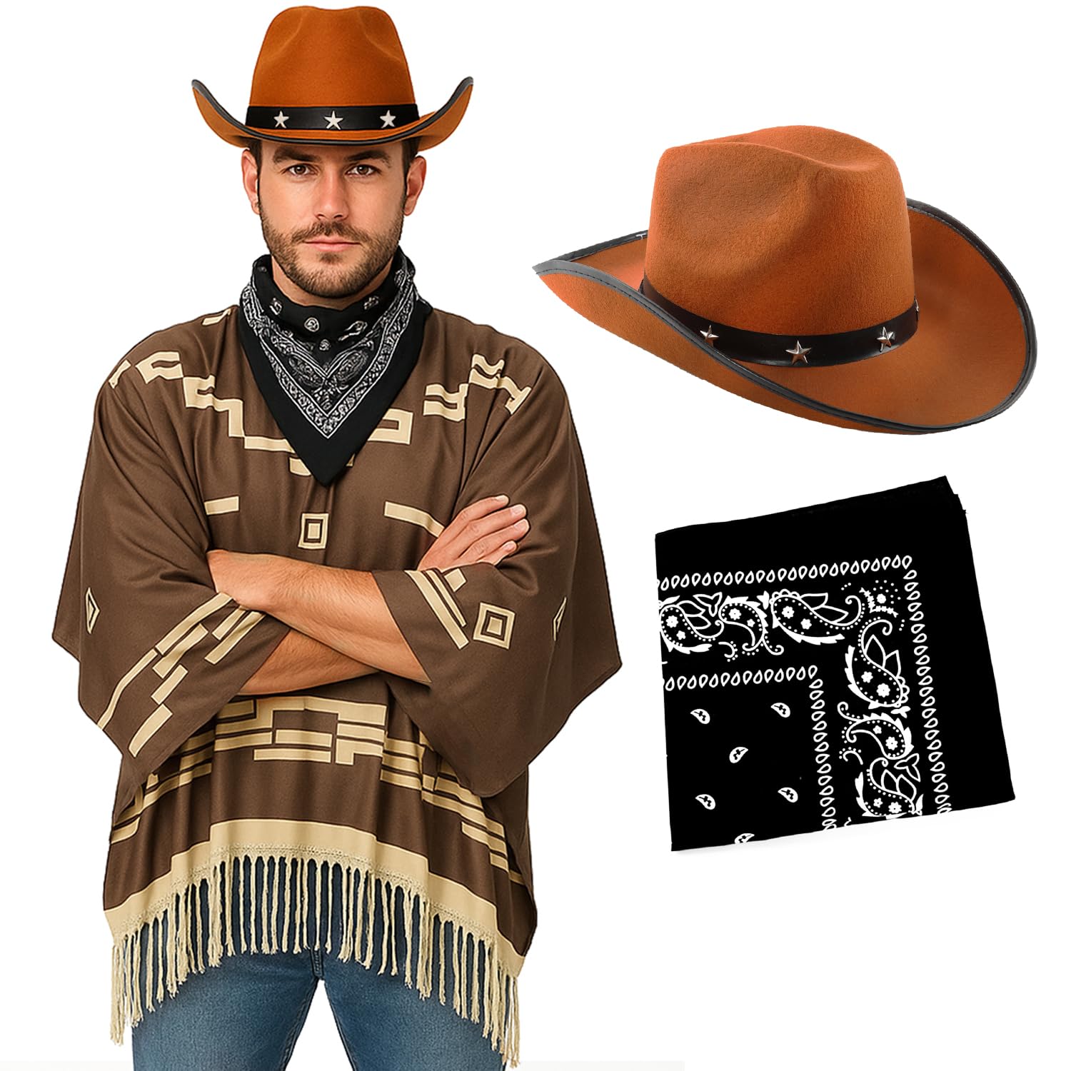Adults Cowboy Costume - Dark Brown Poncho with Tassel Fringe, Brown Star-Studded Cowboy Hat, Black Paisley Bandana - Mens Wild West Bandit Gunslinger Western Fancy Dress Costume