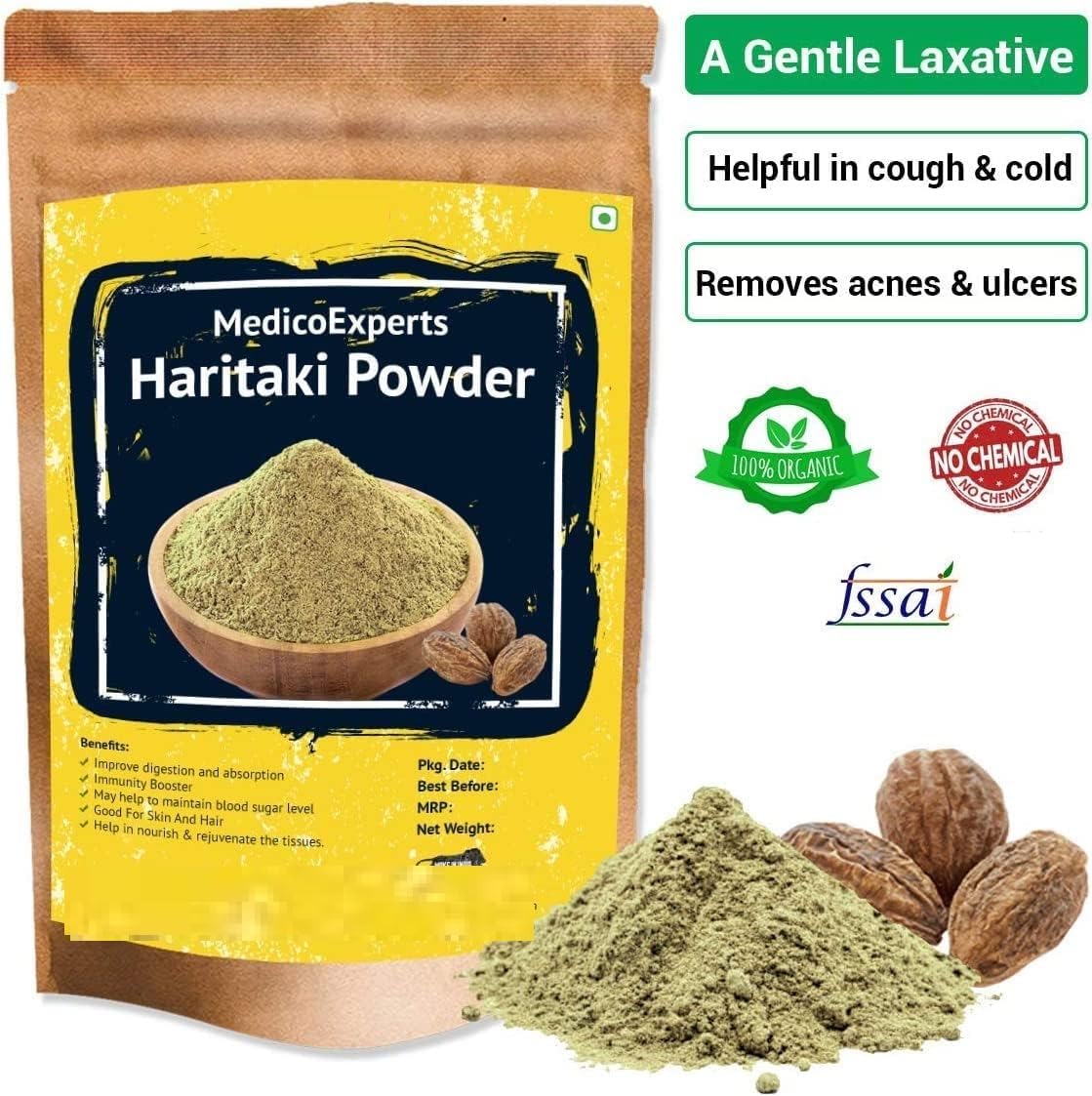 RUVA Haritaki Poudre biologique – 400 g/m² | Poudre Harde 100 % pure | Kadukkai | Harad | Poudre de noix d'encre pour les cernes, le visage, la peau et une digestion saine