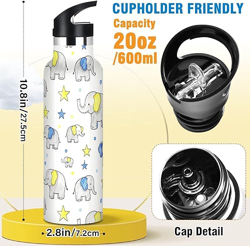 Miniatura 2 de Lightweight Insulated Water Bottle with Handle Blue and Yellow Cartoon Elephants Double-Wall Insulation for Sport Gym Outdoor Travel School botellas