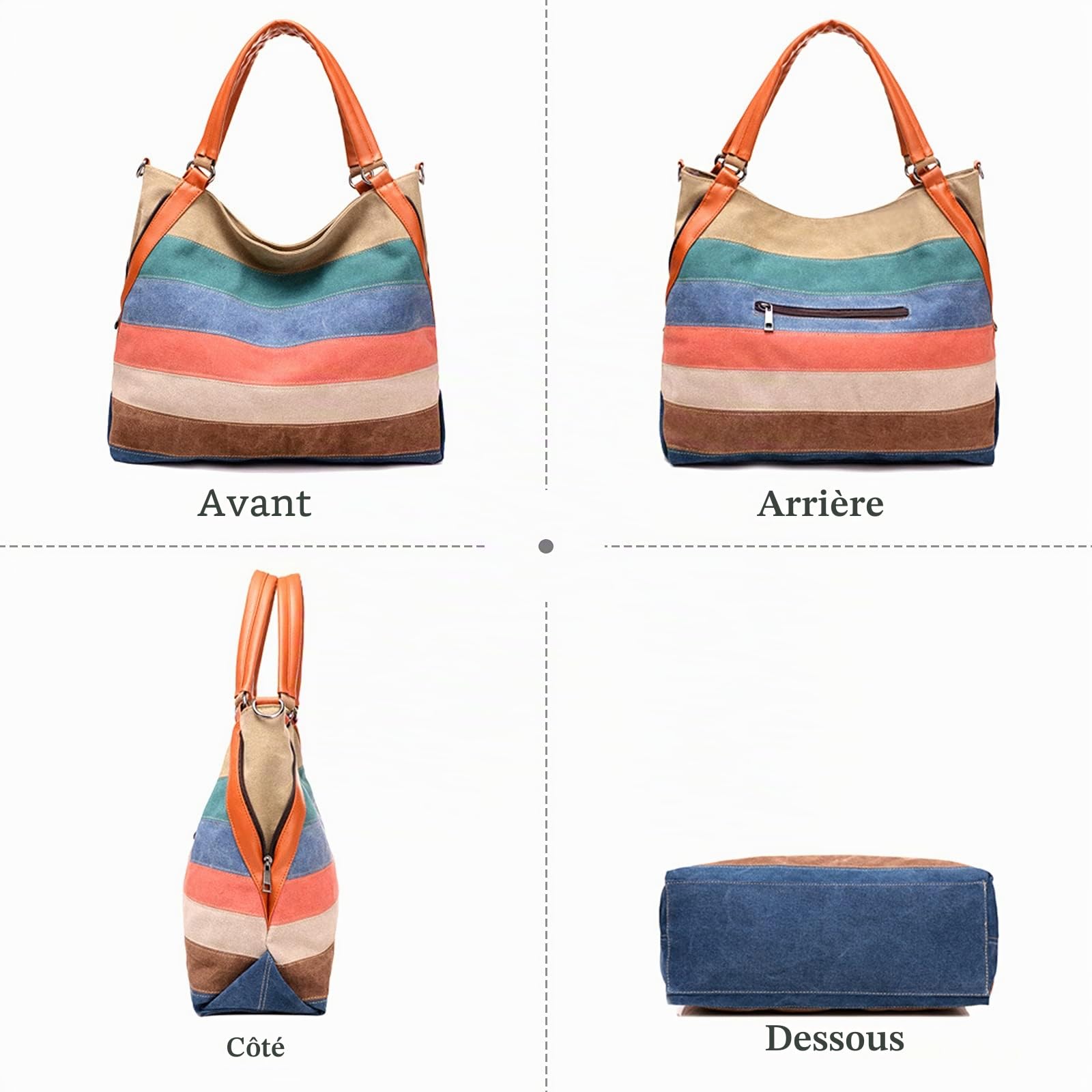 FANDARE Rétro Sacoche Toile Sac a Main Femme Sacs Cabas Portés Epaule Sac D'épaule pour Achats Fête École Voyage Crossbody Bag Rayé Multicolore A