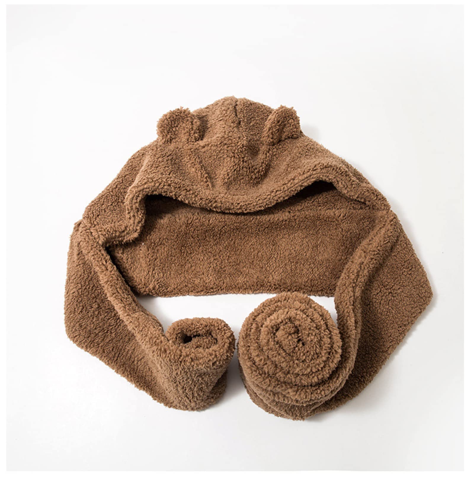 Women Kawaii Bear Ear Beanie Hat Scarf 2 in 1 - Cute Winter Warm Sherpa Thicken Fleece Fuzzy Japanese Fluffy Knit Hat Cap (Coffee)