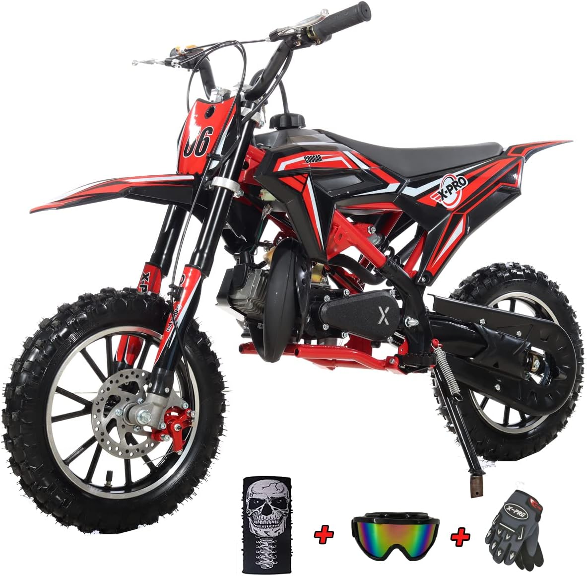 X-PRO 50cc Dirt Bike Gas Dirt Bike Pit Bikes Dirt Pitbike with Gloves, Goggle and Face Mask (Red/Black)