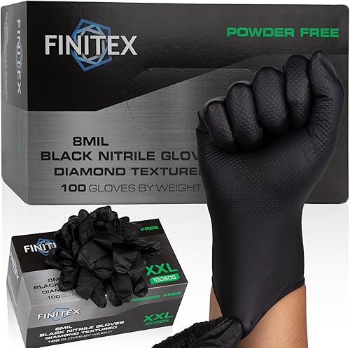 Vista 12 de FINITEX Industrial Diamond Texture Nitrile Black Glove - 100/1000PCS Chemical Resistant 8mil Mechanic Disposable Gloves