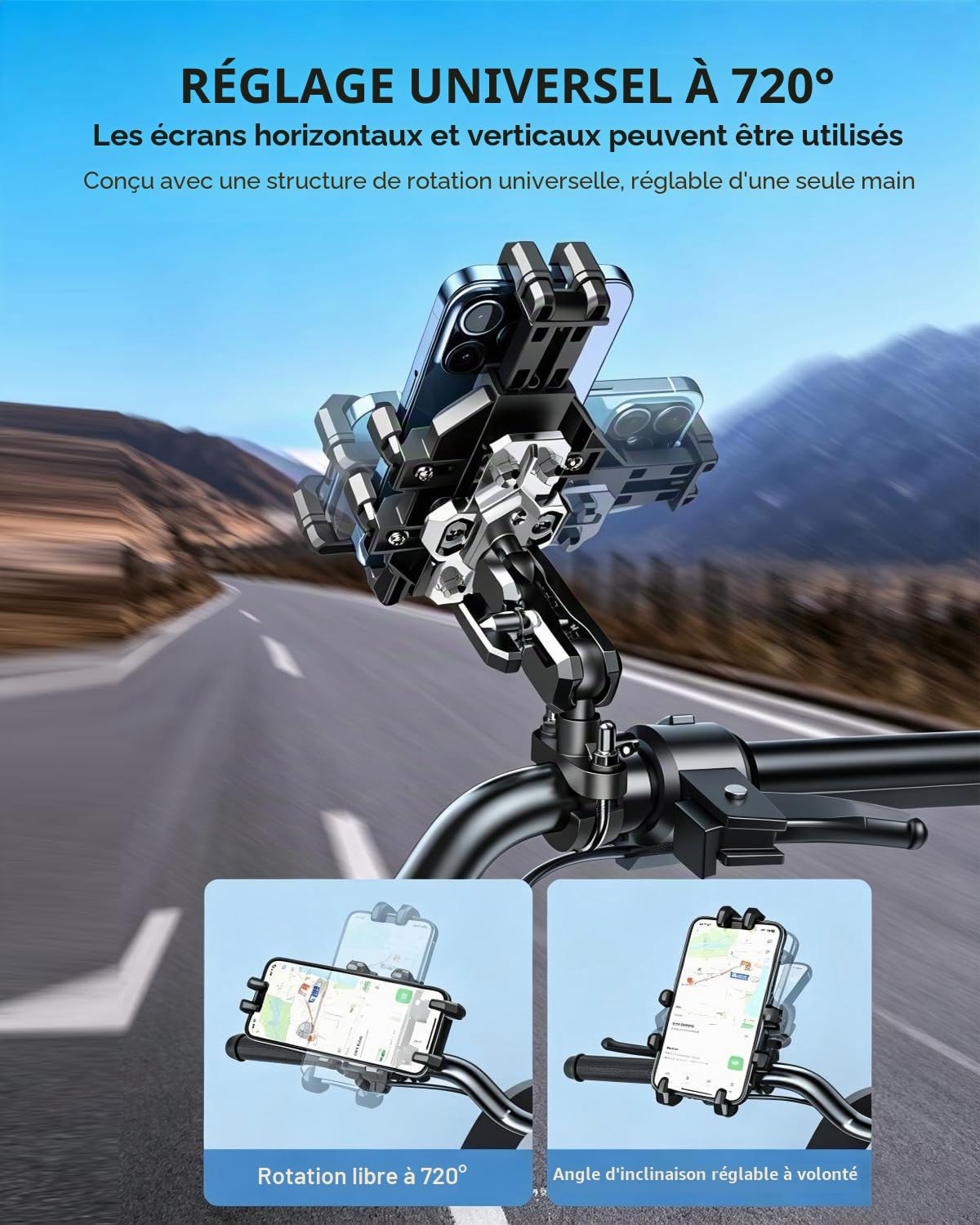 Support Téléphone Moto, Support à Double Amortissement Anti-Vibrations, Support Téléphone Vélo Réglable, Compatible avec iPhone, Samsung, LG, Google, Tous Les téléphones 4,7-7,2 Pouces