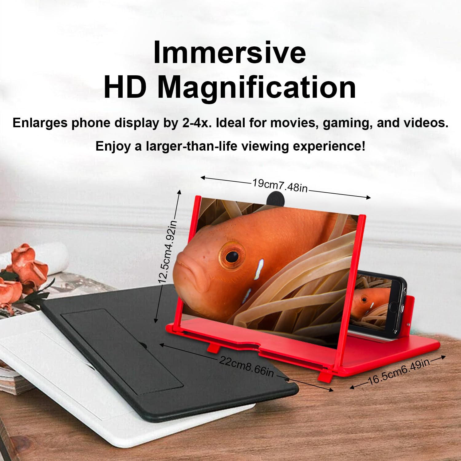 Lente di ingrandimento per telefono, ingrandimento schermo HD da 12 pollici, per film, video, giochi, trasparente, leggero, pieghevole, compatibile con tutti gli smartphone (nero)