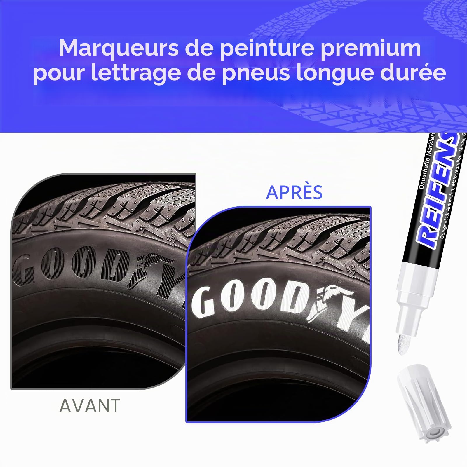 Hsypti Lot de 3 stylos de peinture pour pneus de voiture - Blanc - Haute capacité - Étanche - Marqueur pour pneus de voiture, moto, etc