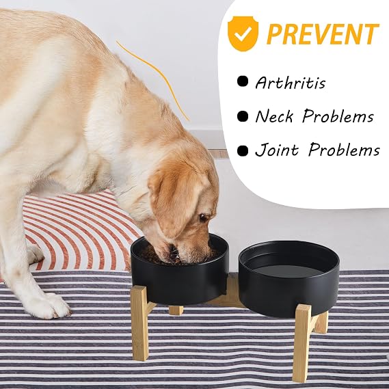 Elevated Ceramic Dog Bowl Set - Raised Dog Bowls with Non Slip Bamboo Stand, Food and Water Bowl Set for Kitty, Cats and Toy Breed Dogs, Pet Bowls, Weighted Dogs Dishes (5.1'', 2*16OZ, Black)
