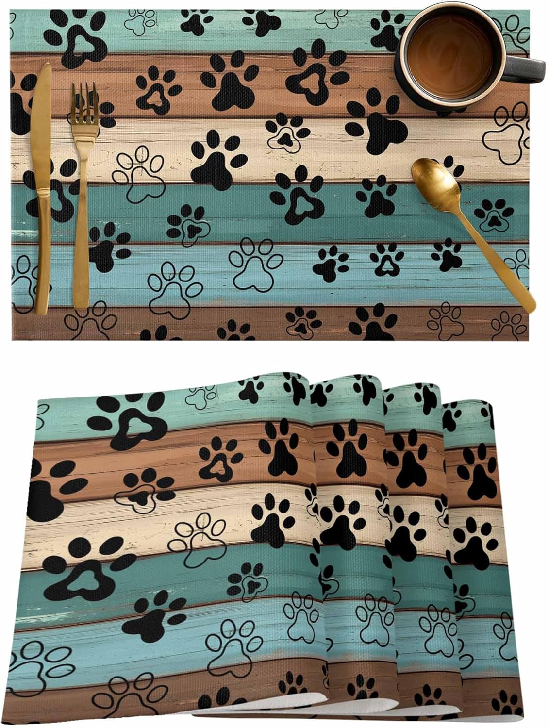 Placemats Dog Paws on Vintage Farmhouse Wood Board Table Mats Set of 8,Washable Heat Tolerant Funny Cartoon Animal Paw Placemats for Indoor Kitchen Dining, Outdoor Party Dinner,13x19IN