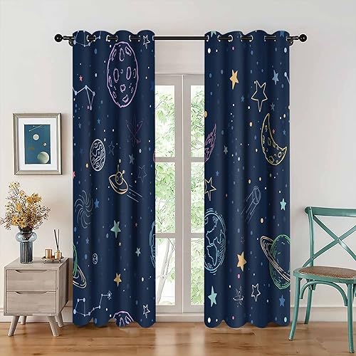 CLYYMS013 - Cortinas opacas de color azul marino, con temática espacial, estrella, luna, planeta impreso, para dormitorio, sala de estar, 2 paneles