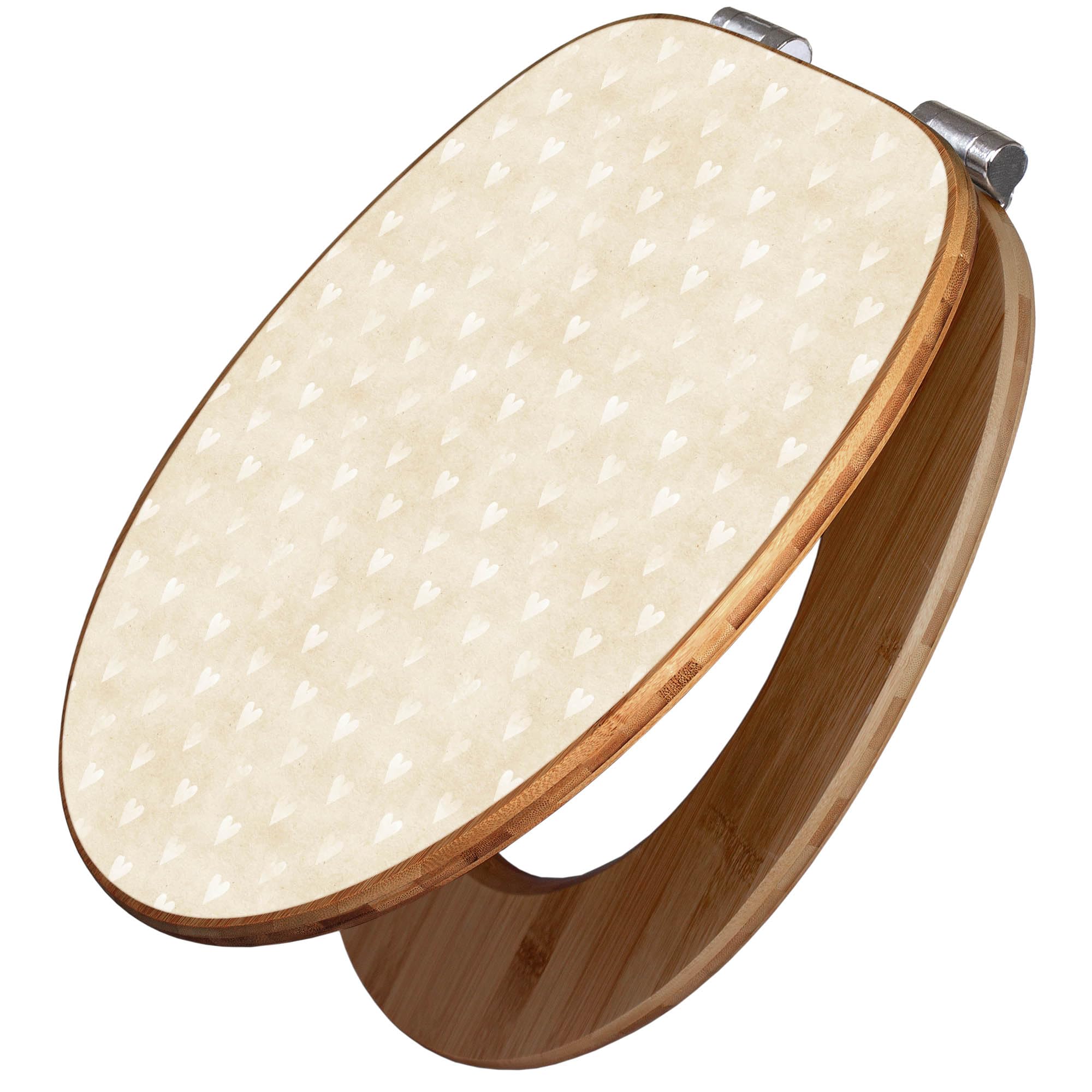 banjado Design WC Sitz Bambus Absenkautomatik 45,8x37,5cm - Toilettendeckel mit Absenkautomatik Holz - hochwertiger Bambus Klodeckel - WC-Sitz für gängigen Toiletten - Motiv Beige Herzen