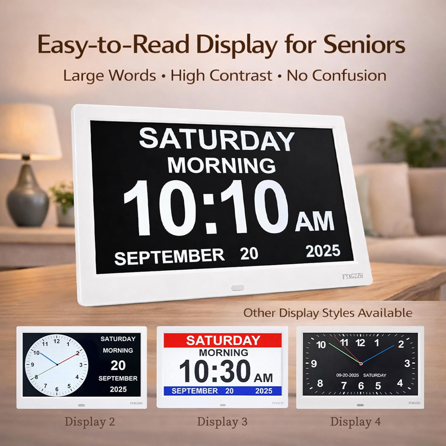 11.5'' Dementia Clocks for Seniors Extra Large, Clock with Day and Date for Elderly, 20 Alarm Reminders, Easy-to-Read, Simple Setup, Adjustable Brightness, DST, White Case