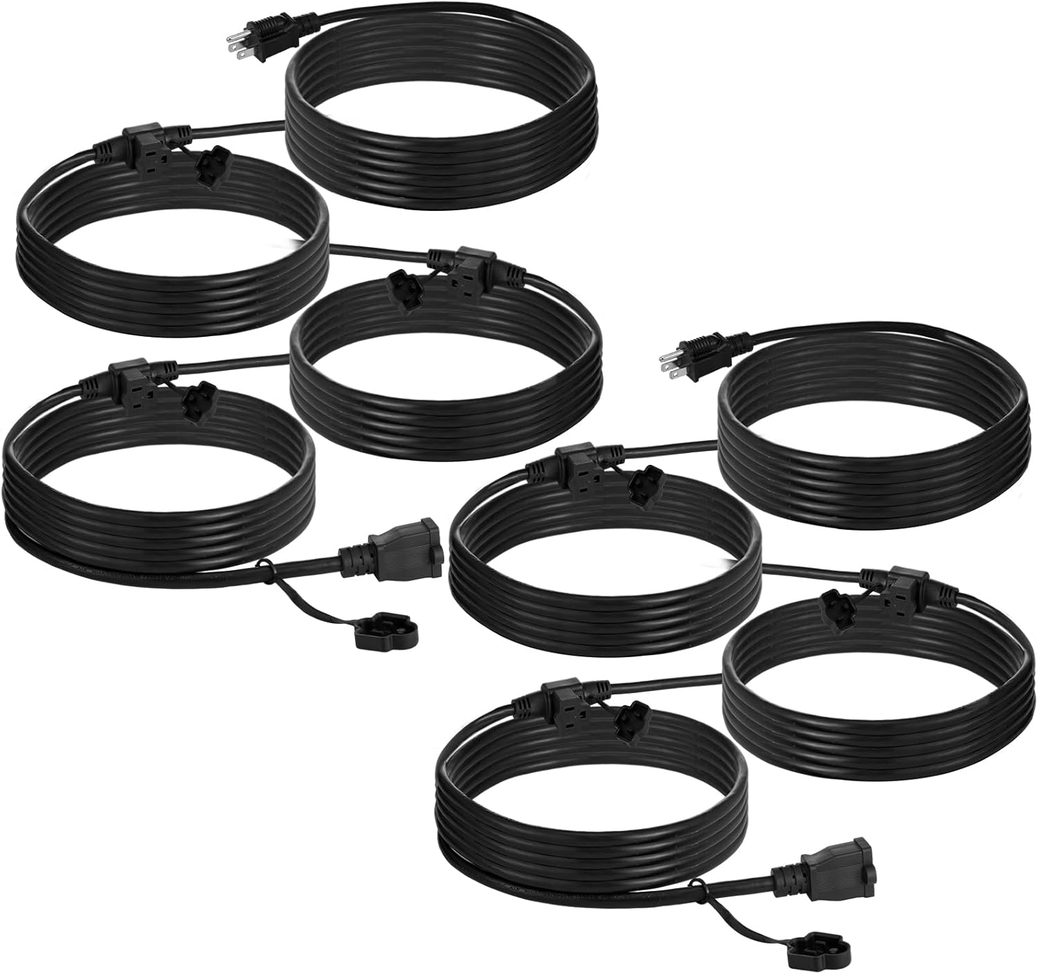 2 Pcs 66 Ft 4 Outlets Outdoor Extension Cord, ETL Listed 16/3C SJTW Weatherproof Multiple Outlets Wire with Waterproof Cover for Christmas Holiday Outdoor Light Decoration(Black) 66 Ft 4 Connector Black