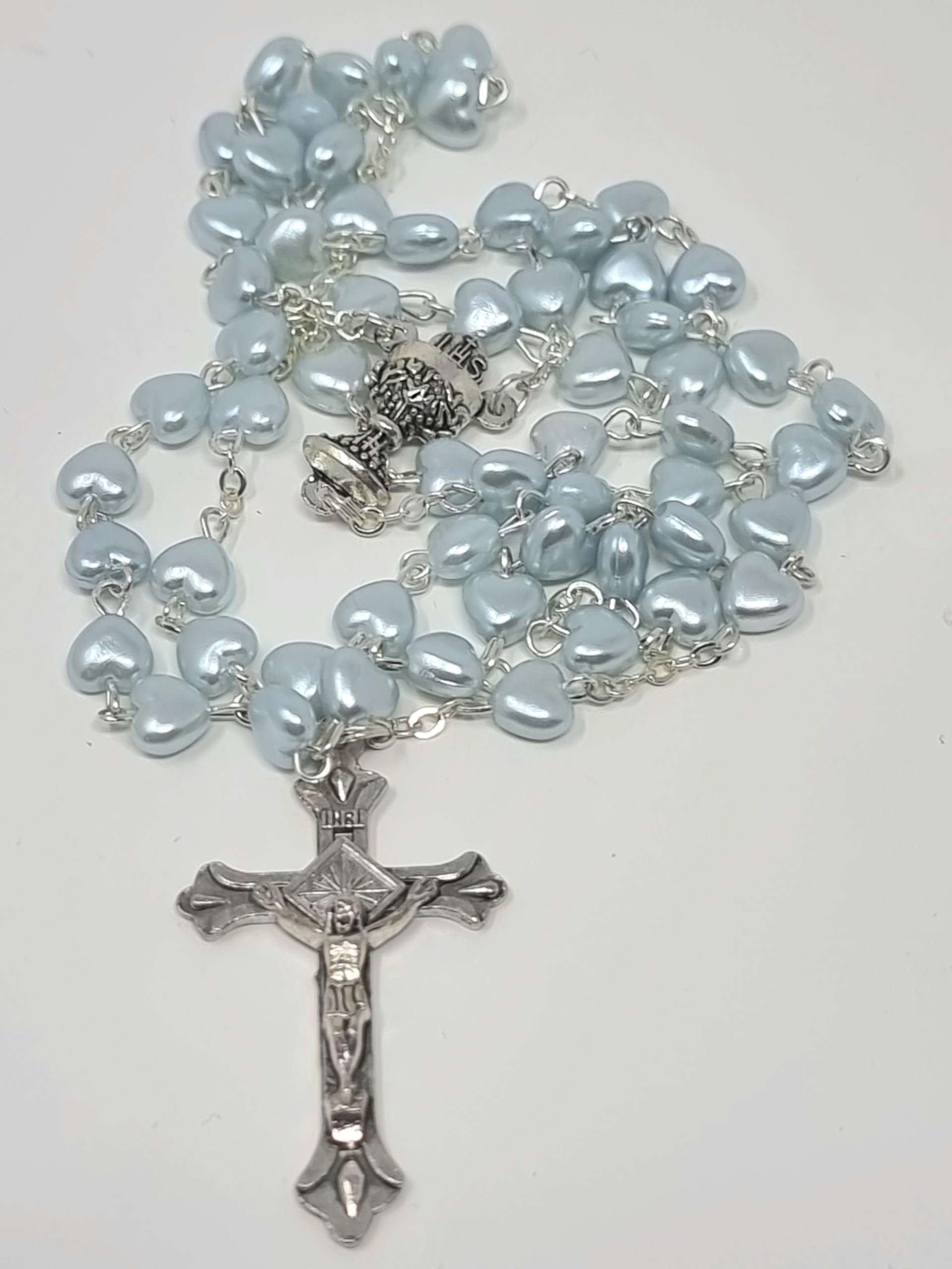 First Holy Communion Boys Pearl Blue Heart Rosary in a Plastic Case with a How to Pray The Rosary and Mysteries Recital Details /Prayer Gift Set for him - Image 3
