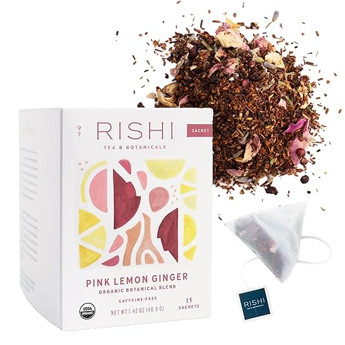 Rishi Tea Pink Lemon Ginger - Té de hierbas orgánico, sin cafeína, mezcla botánica picante y naturalmente dulce, disfruta caliente o helado, 15