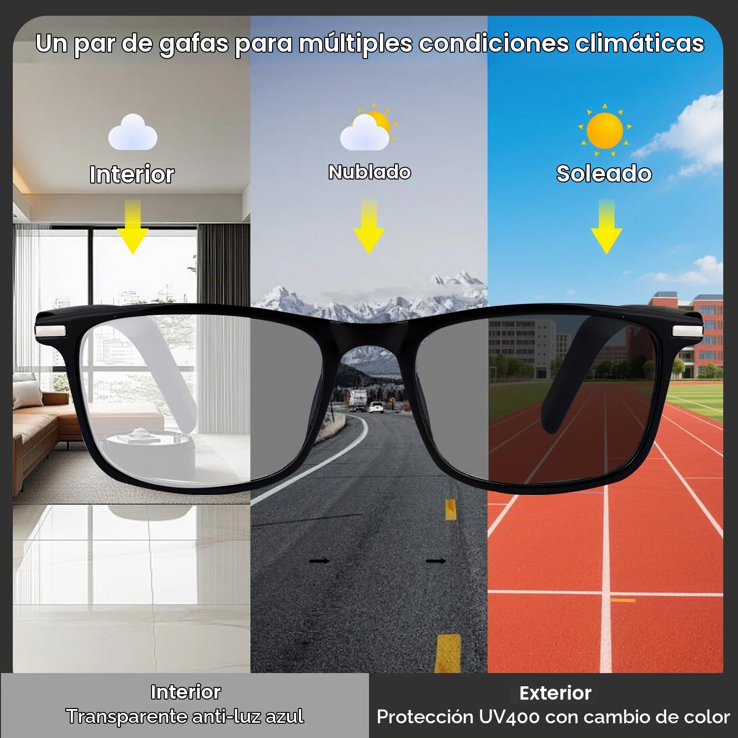 Gafas AI 160+ Idiomas, Lentes de Cambio de Color, Altavoz Integrado, Audio Claro - Bluetooth para Viajes, reuniones y Uso empresarial