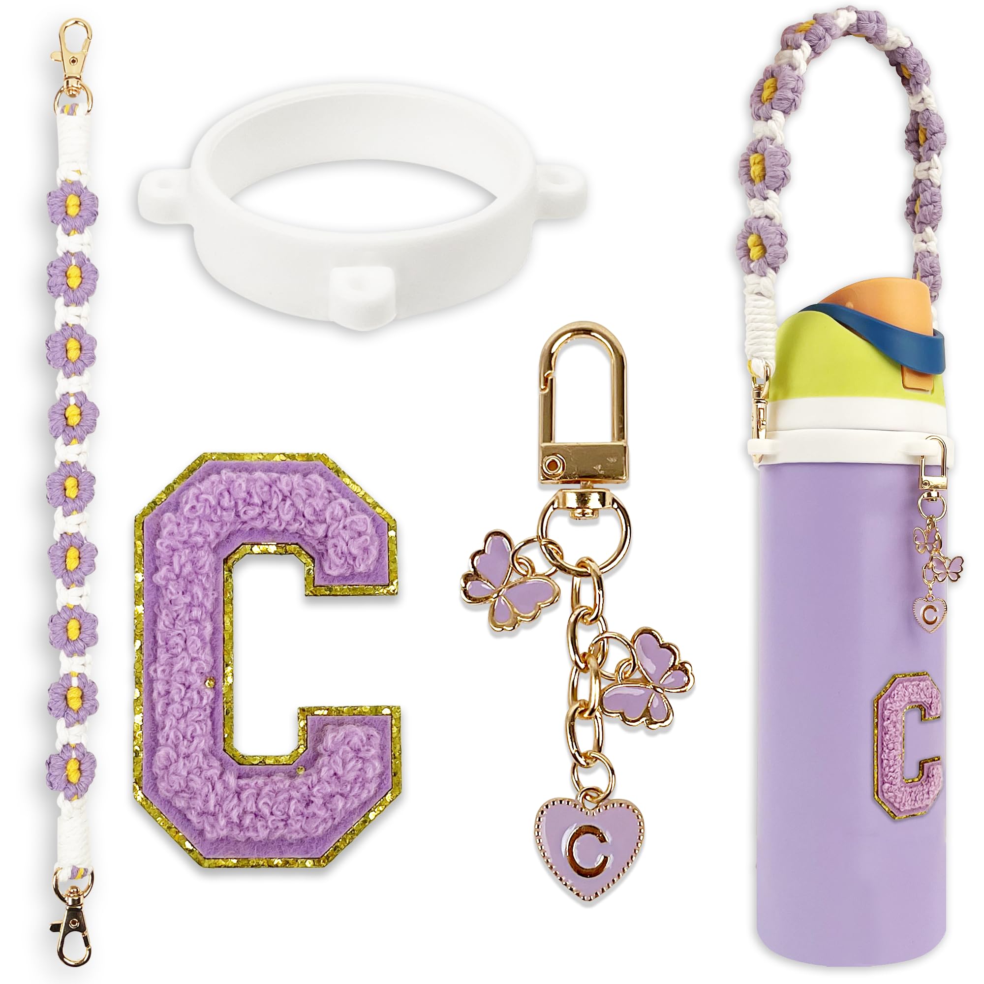 Compatible with Owala Water Bottle Accessories, Cute Letter Charm Set with Boho Handle Strap, Monogram Sticker, Silicone Ring, Keychain Decoration,