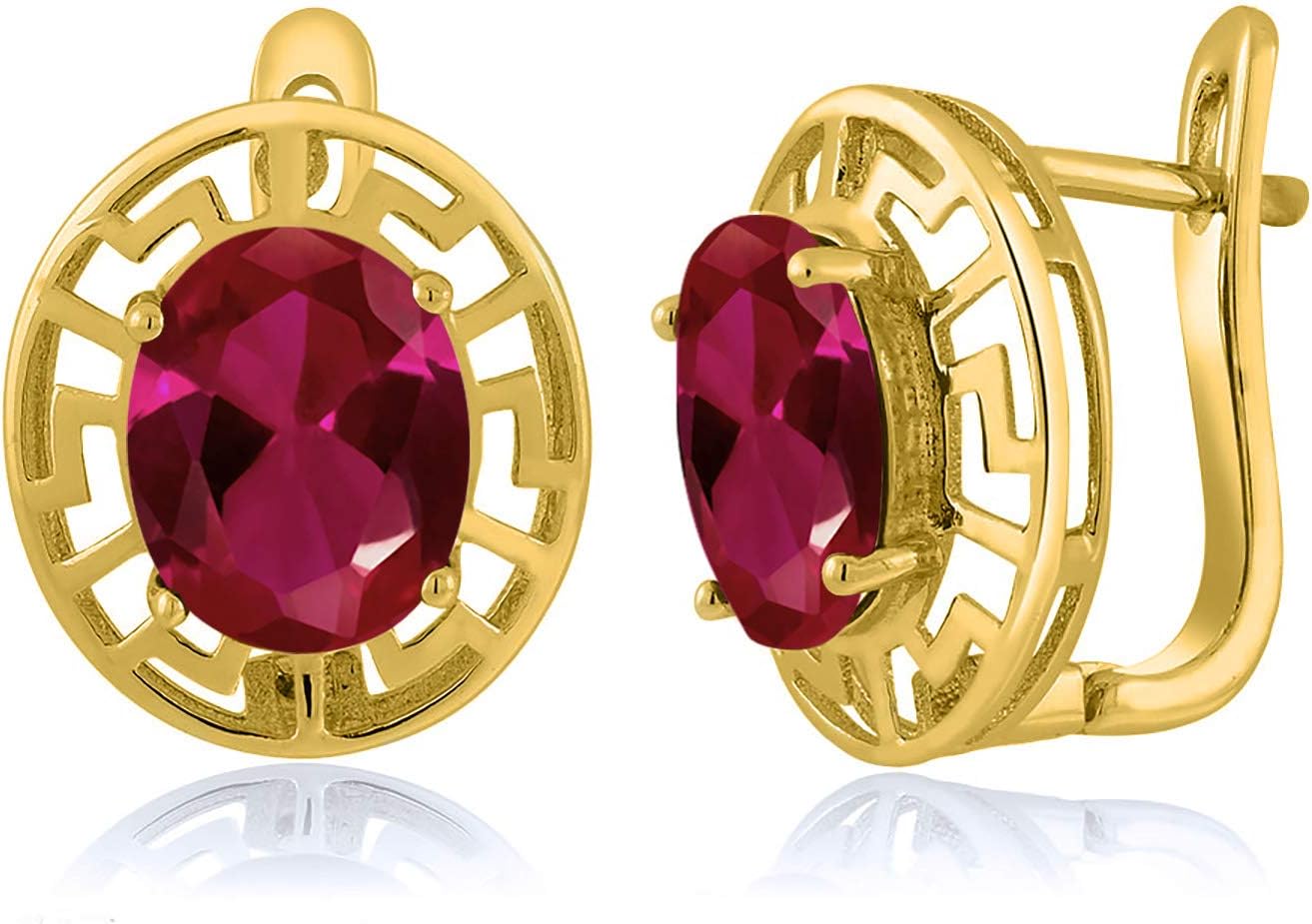 Gem Stone King 18K Yellow Gold Plated Silver 10X8MM Oval Gemstone Birthstone Greek Key Earrings For Women | Fine Jewelry Gifts for Her Mom Women Wife
