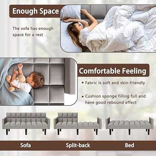 Miniatura 4 de YESHOMY Sofá cama futón tapizado moderno convertible con almohada cilíndrica suave, adecuado para dormitorio, apartamento, dormitorio, estilo retro,