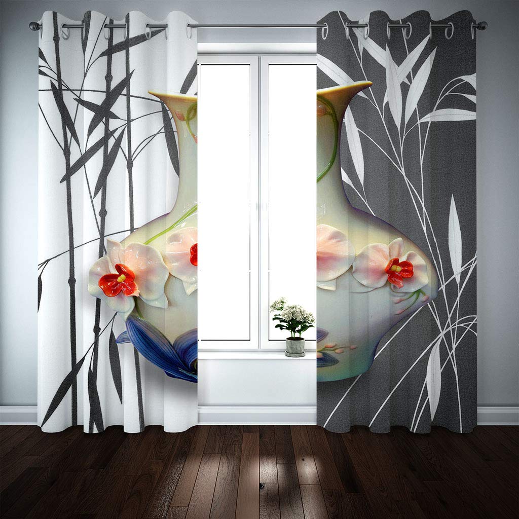 Cortinas Niño Niña Habitacion Opacas Con Ojales 2 Piezas 3D Flores, Pájaros Y Bambú En Blanco Y Negro. Patrón 234X230Cm（An X Al）Cortinas Termicas Aislantes Frio Y Calor Salón Dormitorio Ventana Dec