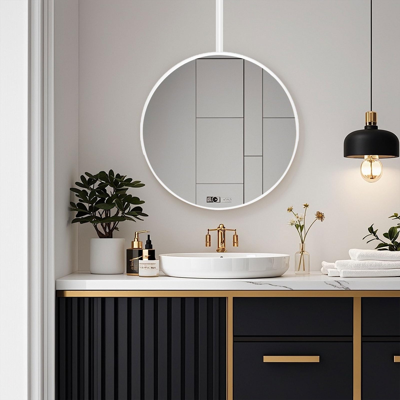 FGXHHS Modern Round Hanging Mirror for Ceiling Mounted, Floating Bathroom Large Circle Wall with Customizable Boom, Metal Framed Decorative Simple Mirror, White(Diameter-70CM/27.6INCH)
