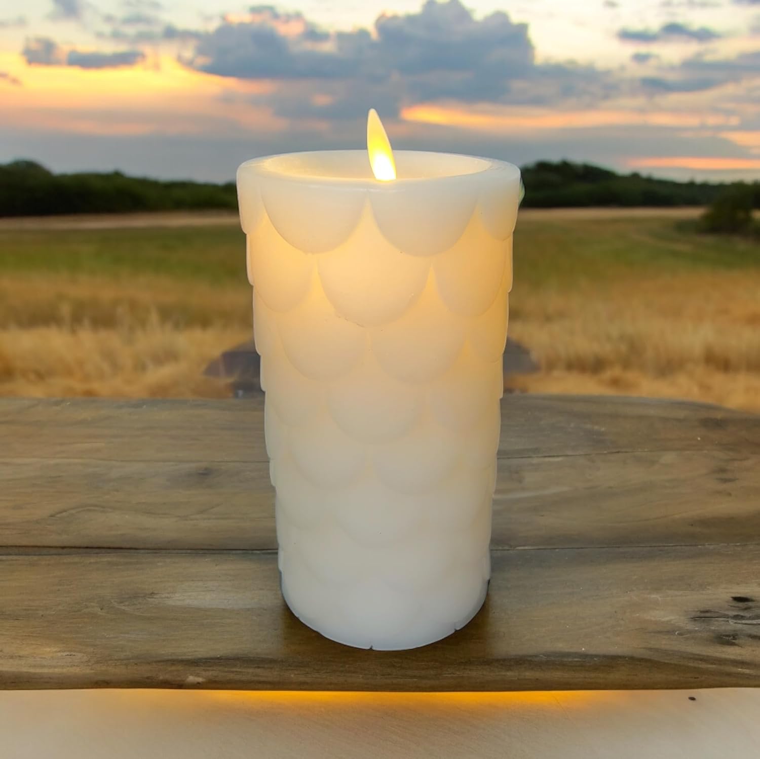 Luminara Flameless LED Candle Embedded Moving Flame Pillar Unscented Real Wax with Recessed Edge, Remote Ready, Timer (Marshmallow, 6.5-inch)