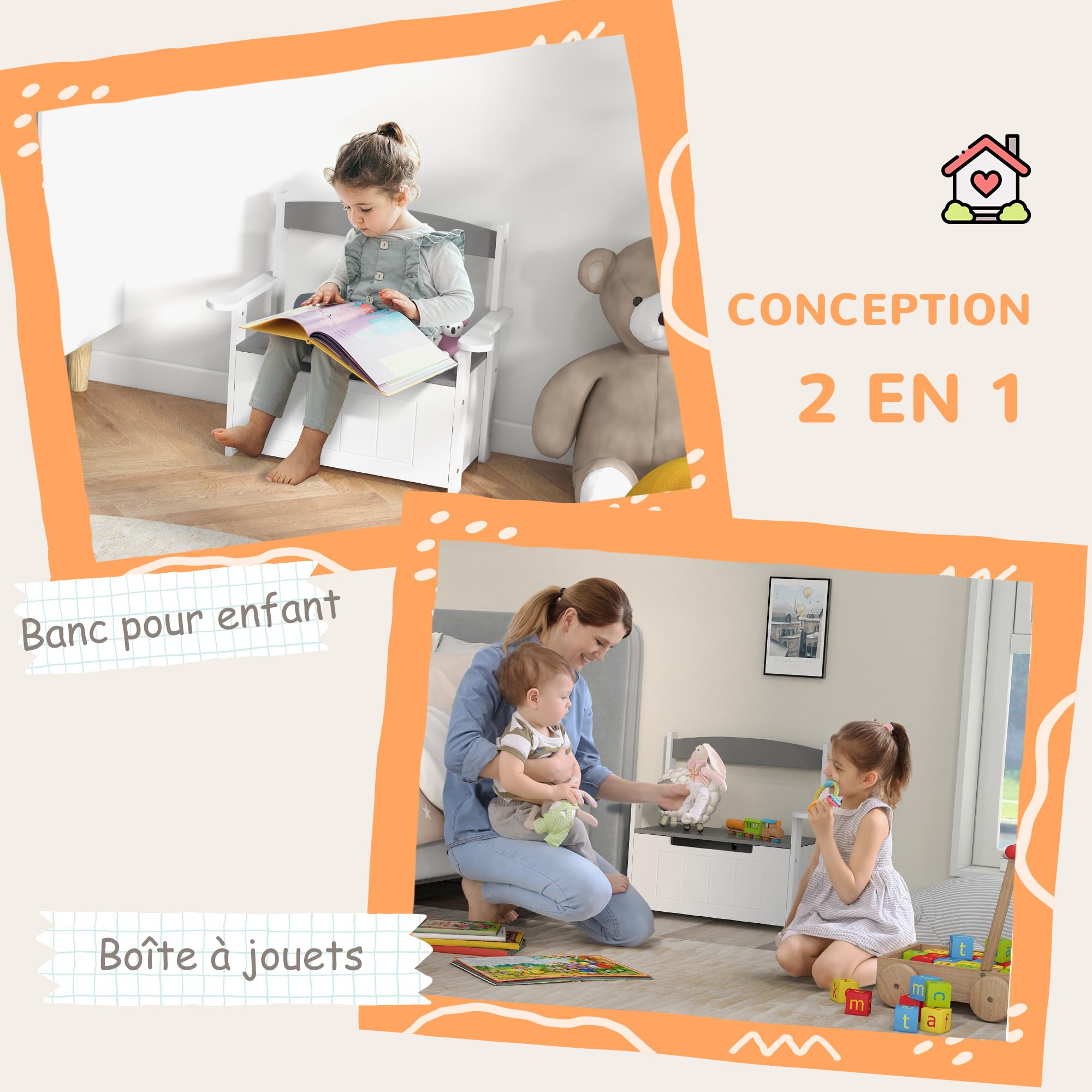 AIYAPLAY Coffre à Jouets pour Enfants 2 en 1 68,5L x 34l x 58H cm Gris | Banc, Meuble de Rangement et Assise, Dossier et Accoudoirs, Vérin Pneumatique