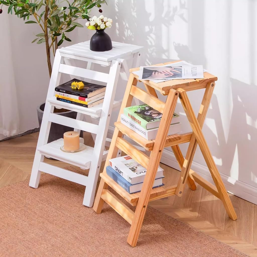 Indoor Climbing Stool,Step Stool for Adults/Step Ladder/Counter Chair,3 Step Multifunctional Folding Solid Wood Ladder Stool,Household Step Ladder(Brown)