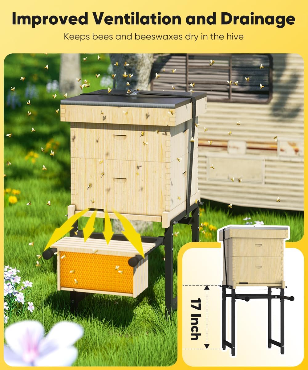 Mondazie Adjustable Metal Bee Hive Stand for 8 & 10 Frame, Black