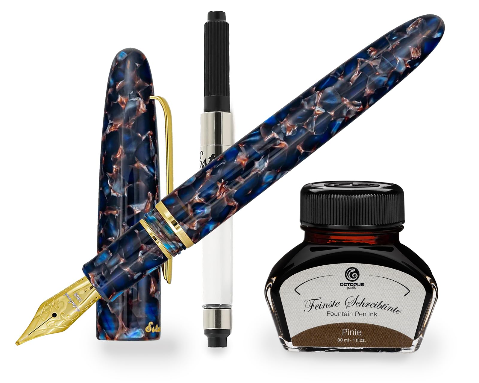 Stylo plume Esterbrook Estie Nouveau Blue Gold Trim, stylo plume à cartouche avec 30 ml d'encre Pinie