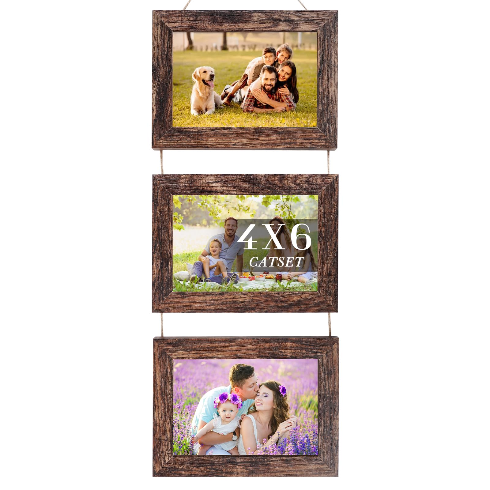 Wall Hanging Frame 5 x 7 Inch Collage 3 Picture frames, Wooden Gallery with String, Horizontal Collage Brown Triple Frame Made to Display 4 x 6 Inch Photos for Wall Wecoration, Set of 3 (Brown)