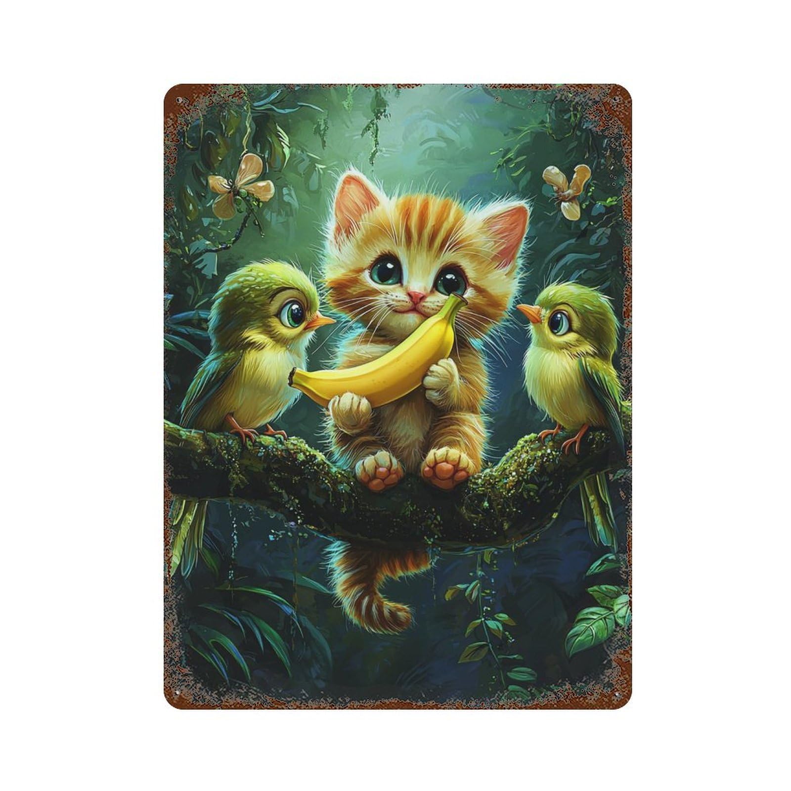 Kitten with Banana in Jungle Distressed Metal Wall Sign 15.7"x11.8", Ideal for Garage, Bar And Workshop Decor