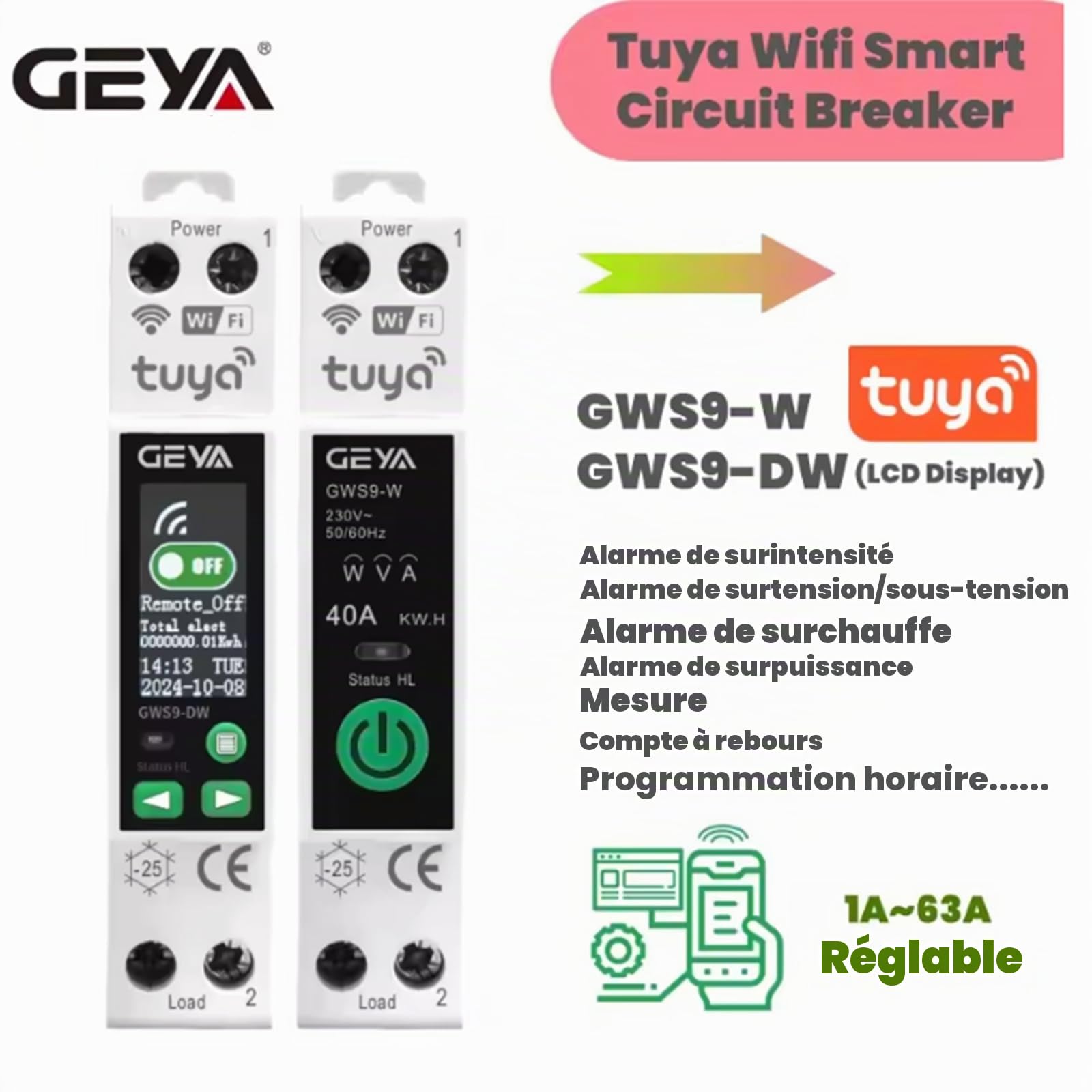 GEYA TUYA WIFI Disjoncteur intelligent avec comptage Télécommande sans fil Smart Home 1A~63A réglable 90V~240V (GWS9-DW Écran LCD)