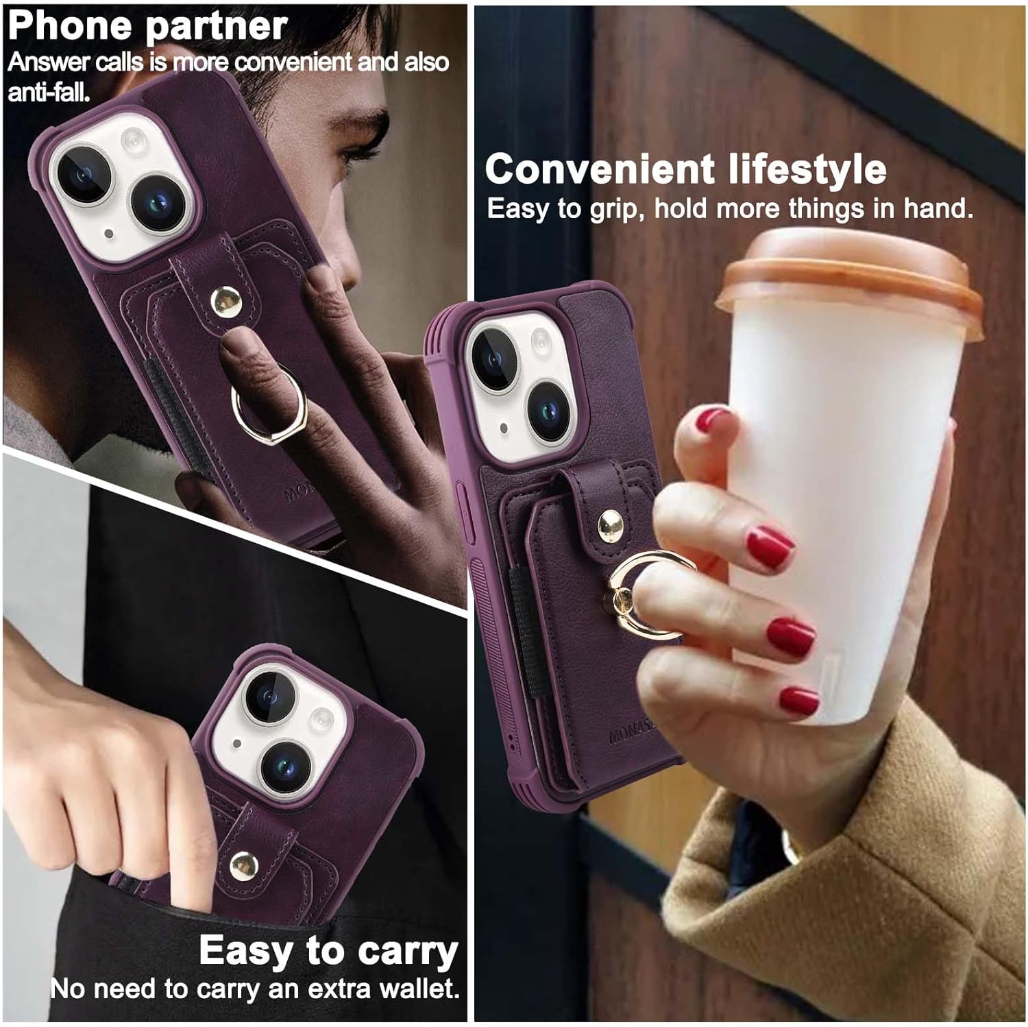 MONASAY Wallet Case Compatible for iPhone 15 Plus/14 Plus 5G 6.7 inch with 360° Rotation Ring Stand[Glass Screen Protector][RFID Blocking] Leather Phone Cover with Card Holder, Purple