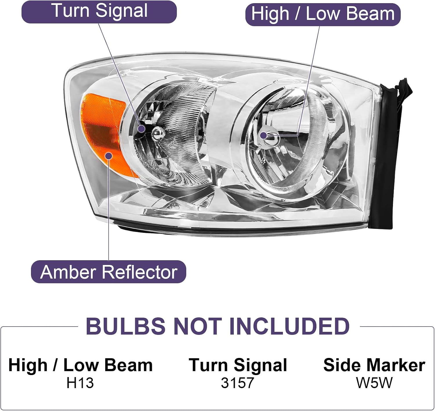 Anti-fogging Headlight Assembly Fit For 06 07 08 2006 2007 2008 Dodge Ram 1500, 06 07 08 09 2006 2007 2008 2009 Ram 2500/3500 Driver And Passenger Side (Chrome Housing Amber Reflector)