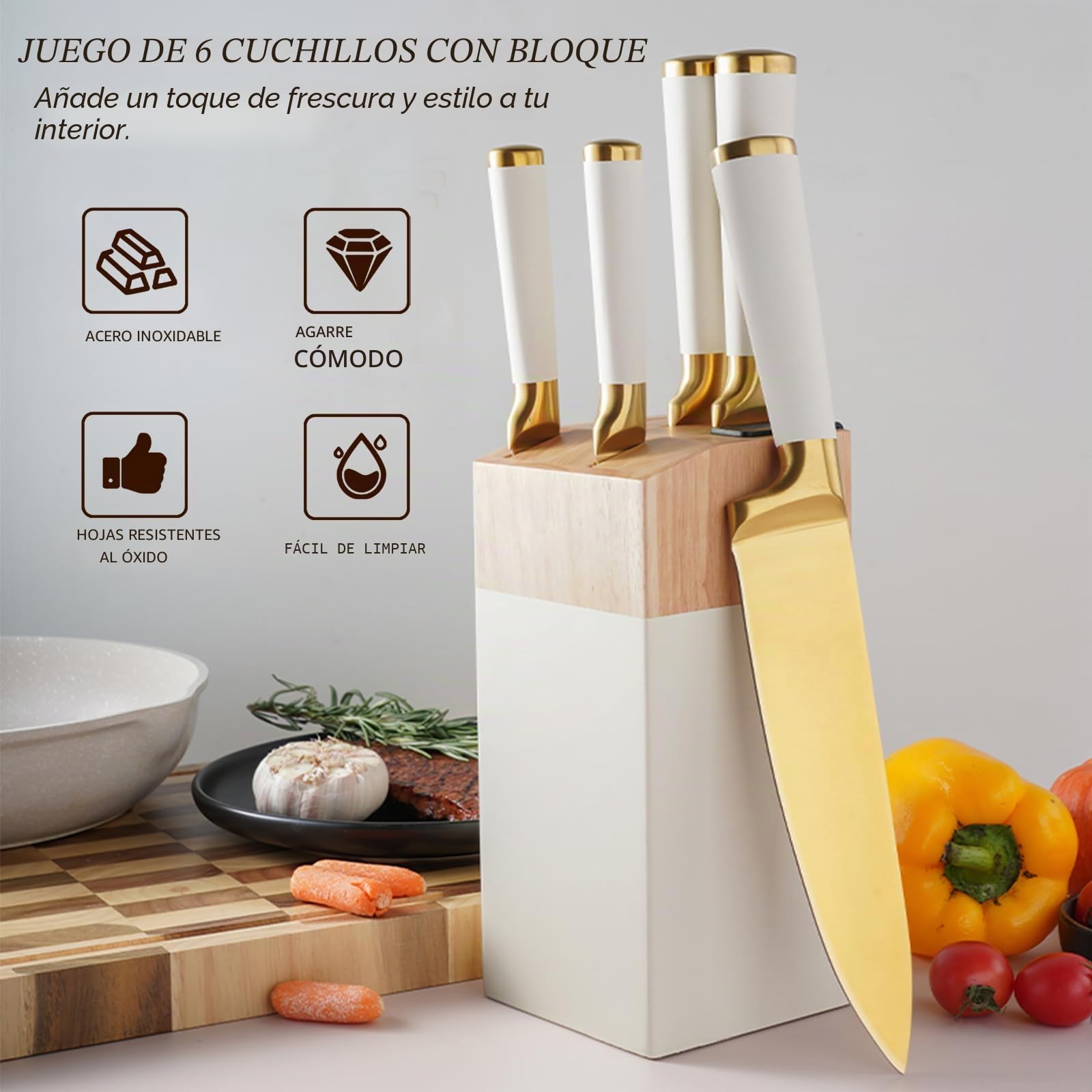 Juego de cuchillos de cocina, 6 cuchillos de acero inoxidable rosa con bloque, bloque de cuchillos ultra afilado con mango cómodo, cuchillo de chef para la cocina casera (blanco)